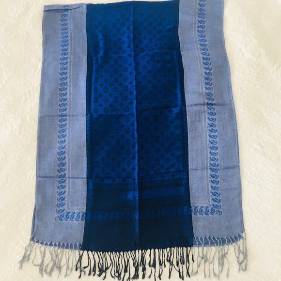 SALE Luxe Large LV Louis Vuitton Light and Dark Blue Wool Scarf Wrap Huge 28x75" - Picture 4 of 8